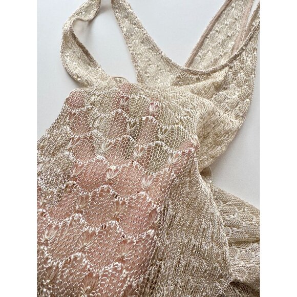 ASOS SWIM Gold Metallic Sequin Embellished Open Knit U-Neck Maxi Dress, Size 10 - Picture 9 of 14